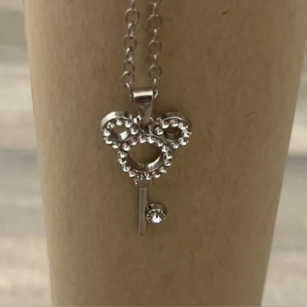 Silver Tone Key Pendant Necklace with Clear Crystals - Women's Jewelry